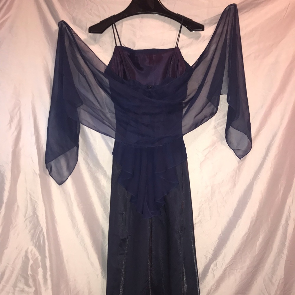 Navy Blue, satin, floor length gown.